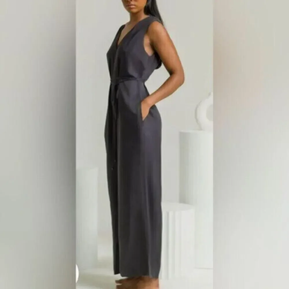 NWT Ettitude Women’s Sateen Jumpsuit V Neck Wide Legs - Onyx - Size XL